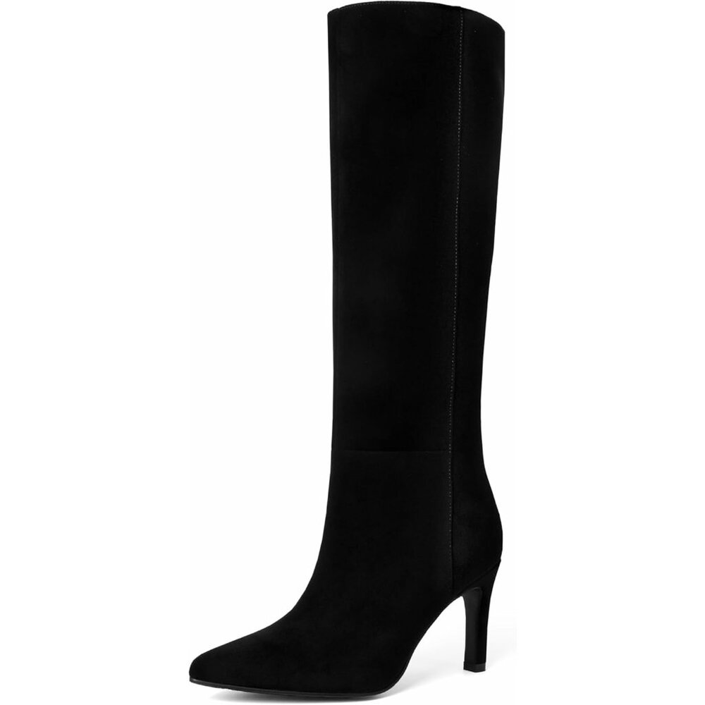 Women's Black Suede Knee High Boots Pointed Toe Stiletto Tall Side Zipper Dress